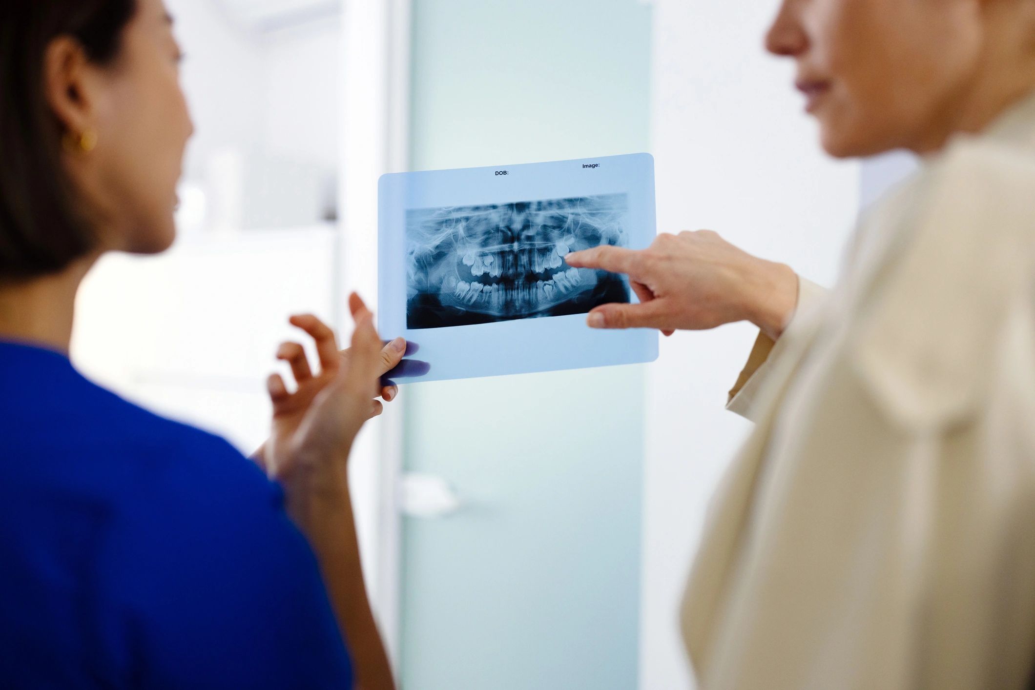 Dentist and patient reviewing dental x-ray in clinic